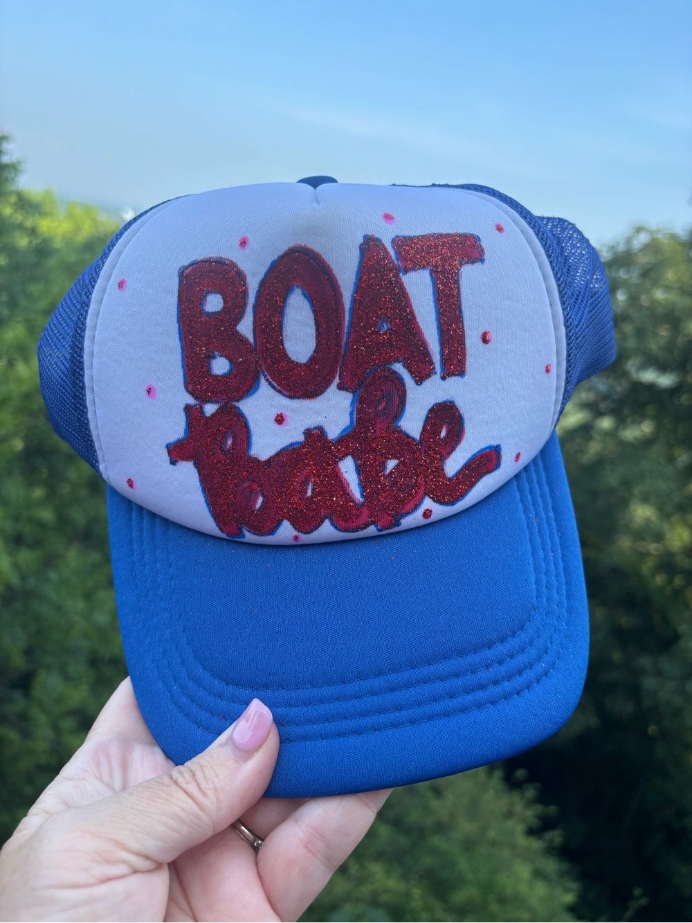 Blue Trucker Hat with Red 'BOAT babe' Glitter Text